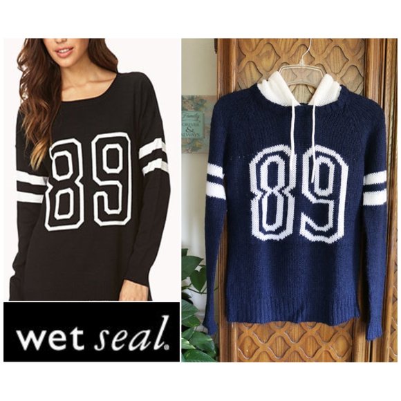 Wet Seal ‘89’ Knit Varsity Hoodie Pullover Sweater - Picture 14 of 15
